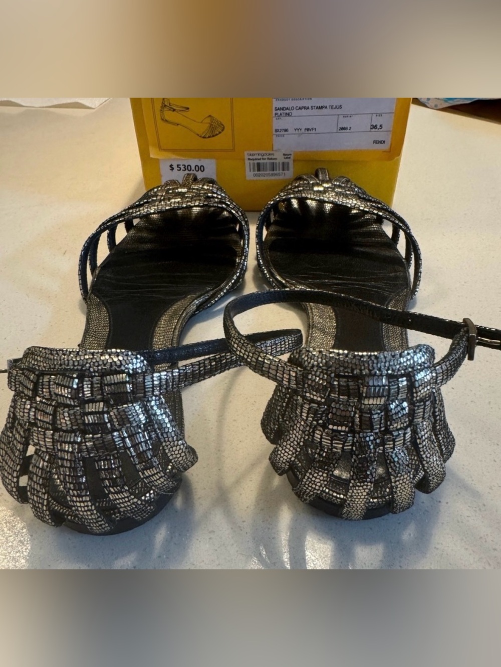 Fendi Black and Silver Woven Leather Ankle-Strap Sandals - Picture 2 of 9